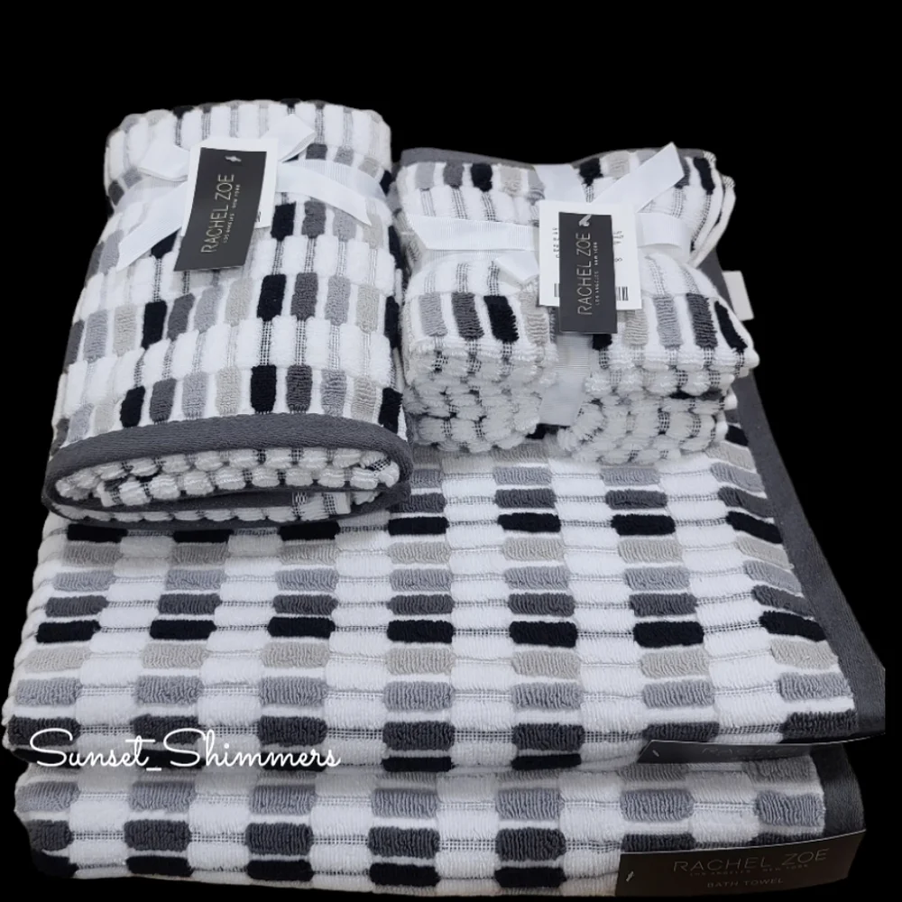8pc Rachel Zoe Mosaic 100% Cotton Bath Hand Washcloth Towel Set Black Gray Ombre